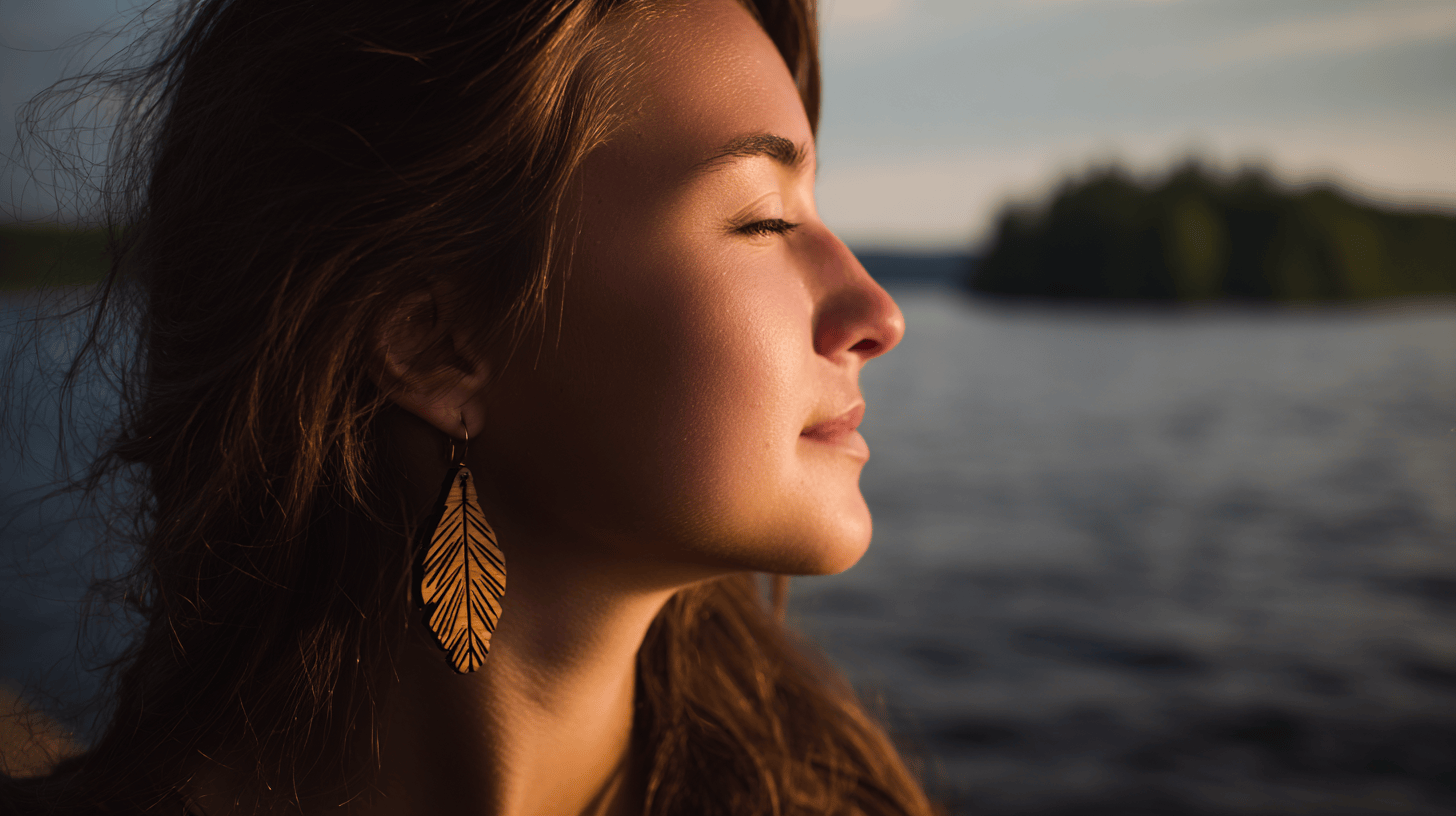 Woman with a leaf-shaped earring looking out over a body of water at sunset.