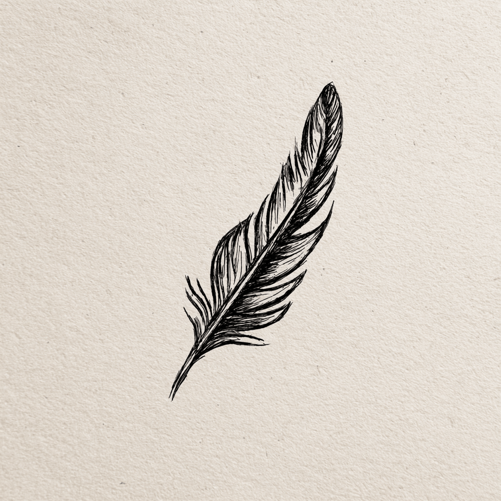 Black feather illustration on a beige textured background