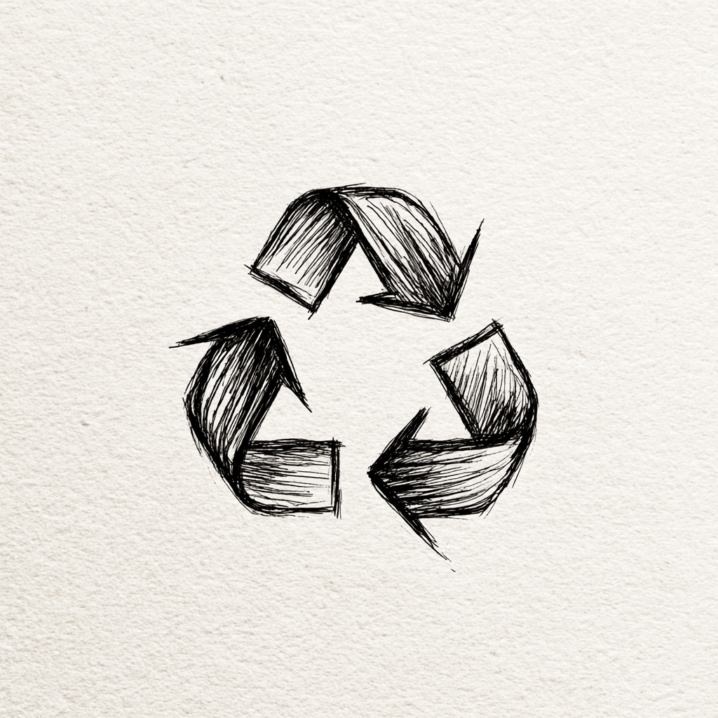 Hand-drawn recycling symbol on a textured white background